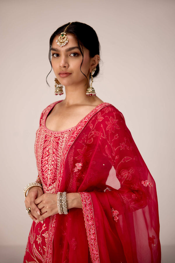Ribbon red thread embroidered kurta sharara set