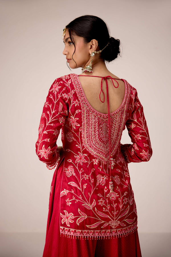 Ribbon red thread embroidered kurta sharara set