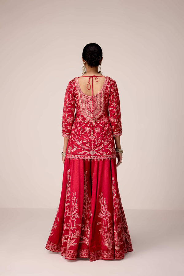 Ribbon red thread embroidered kurta sharara set