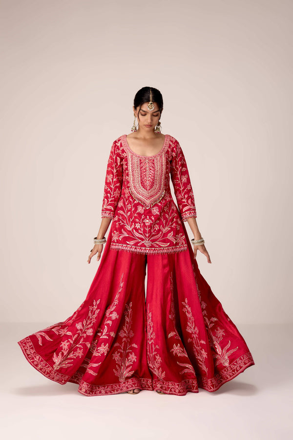 Ribbon red thread embroidered kurta sharara set