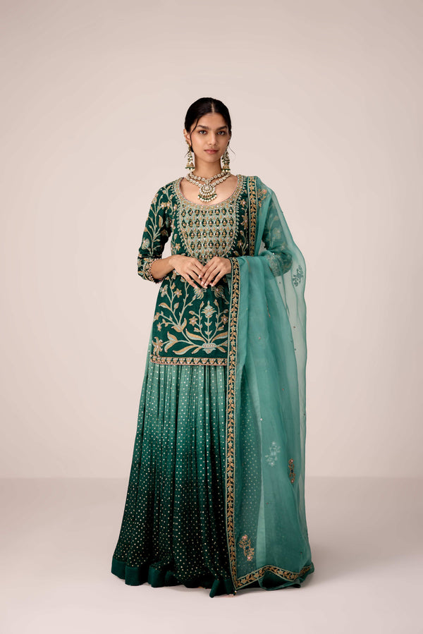 Dark green thread embroidered kurta skirt set