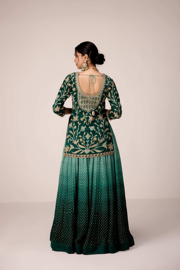 Dark green thread embroidered kurta skirt set