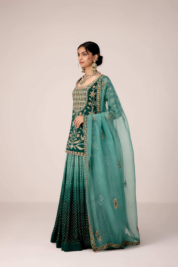Dark green thread embroidered kurta skirt set