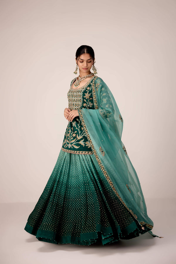 Dark green thread embroidered kurta skirt set