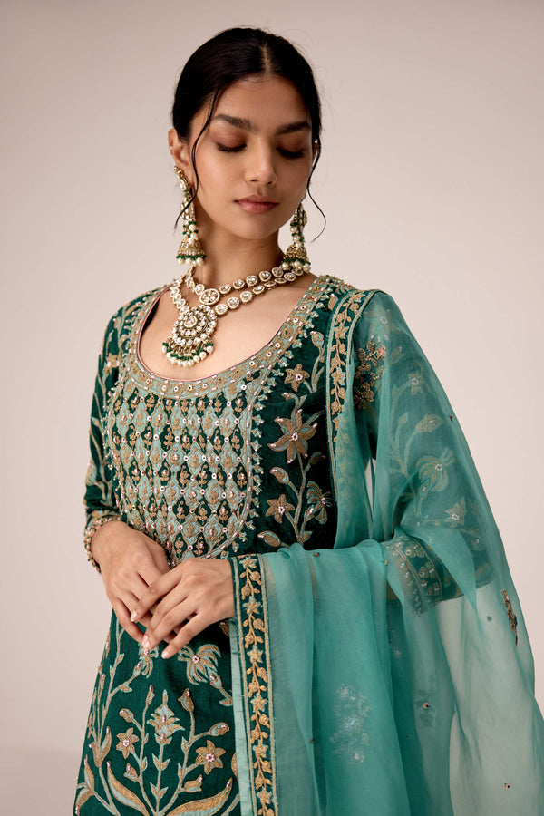 Dark green thread embroidered kurta skirt set