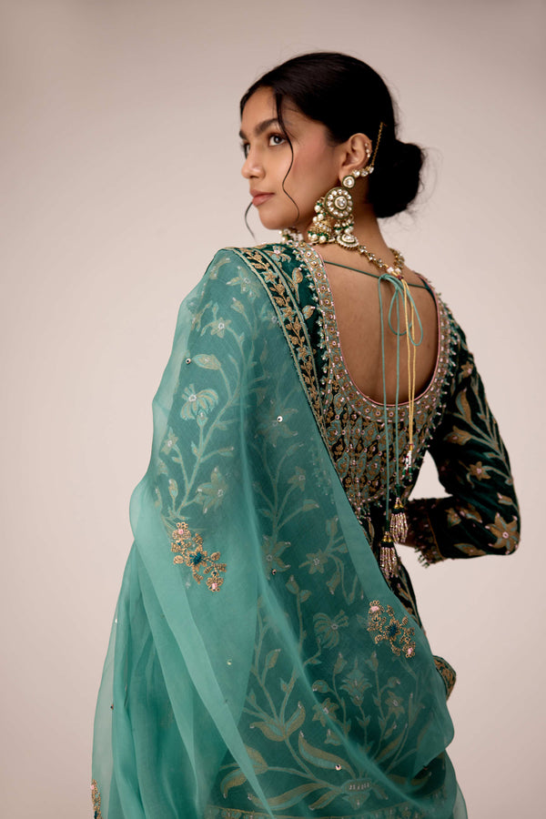 Dark green thread embroidered kurta skirt set