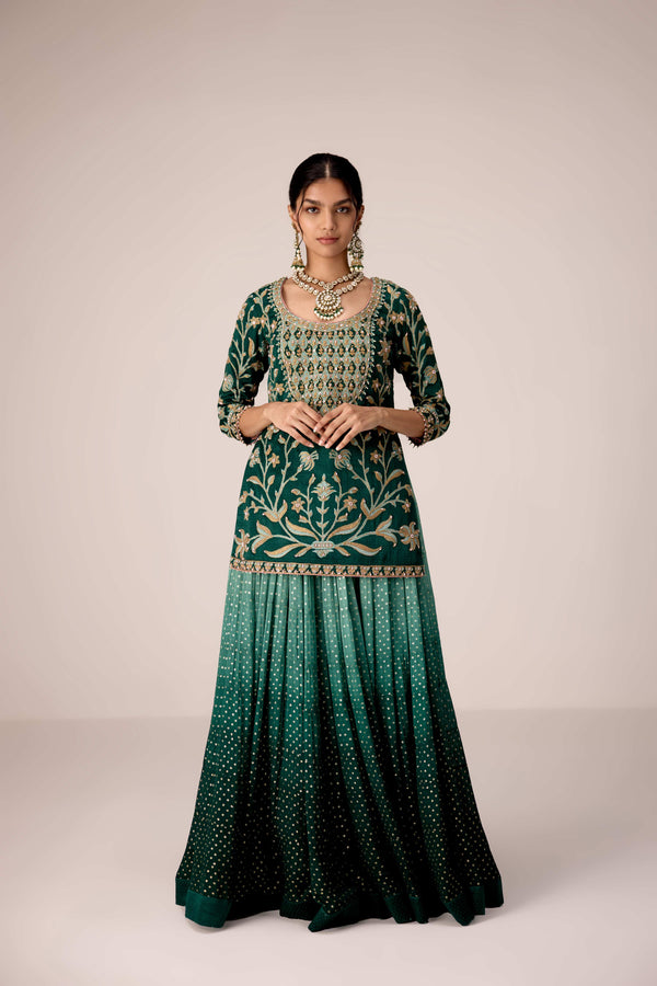 Dark green thread embroidered kurta skirt set