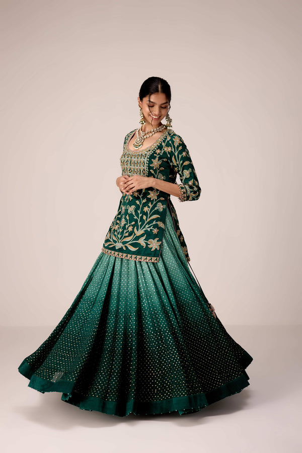 Dark green thread embroidered kurta skirt set