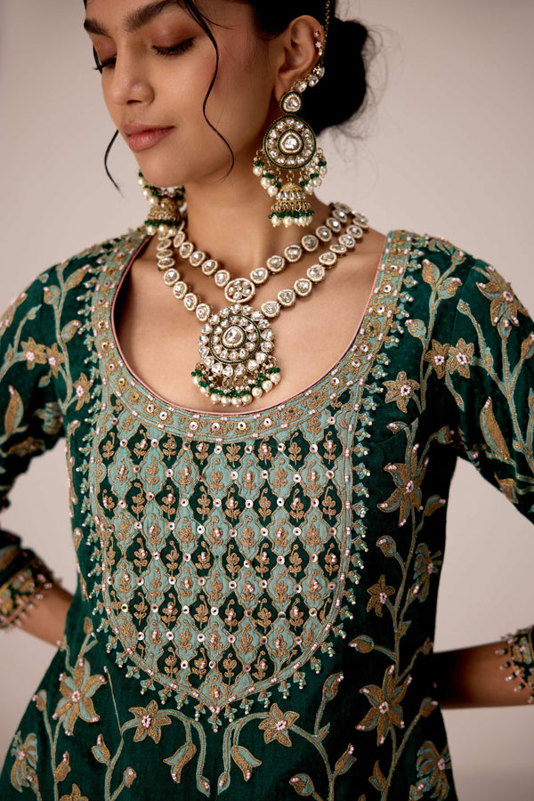 Dark green thread embroidered kurta skirt set