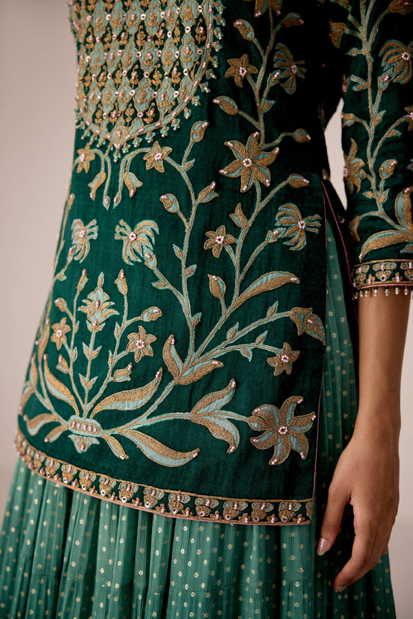 Dark green thread embroidered kurta skirt set