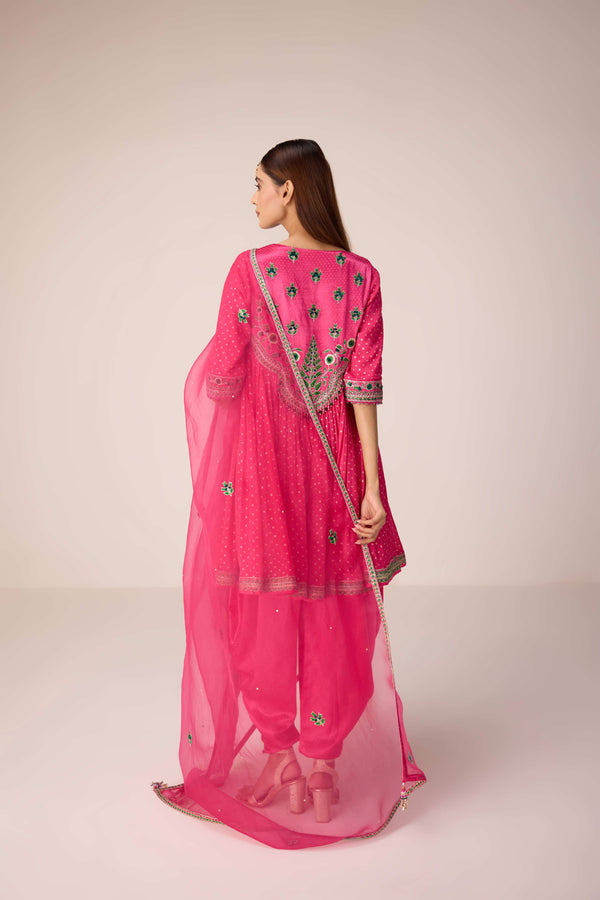 Pink thread embroidered kurta dhoti set