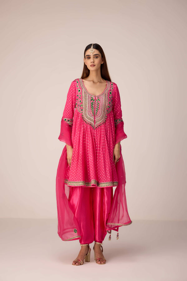 Pink thread embroidered kurta dhoti set
