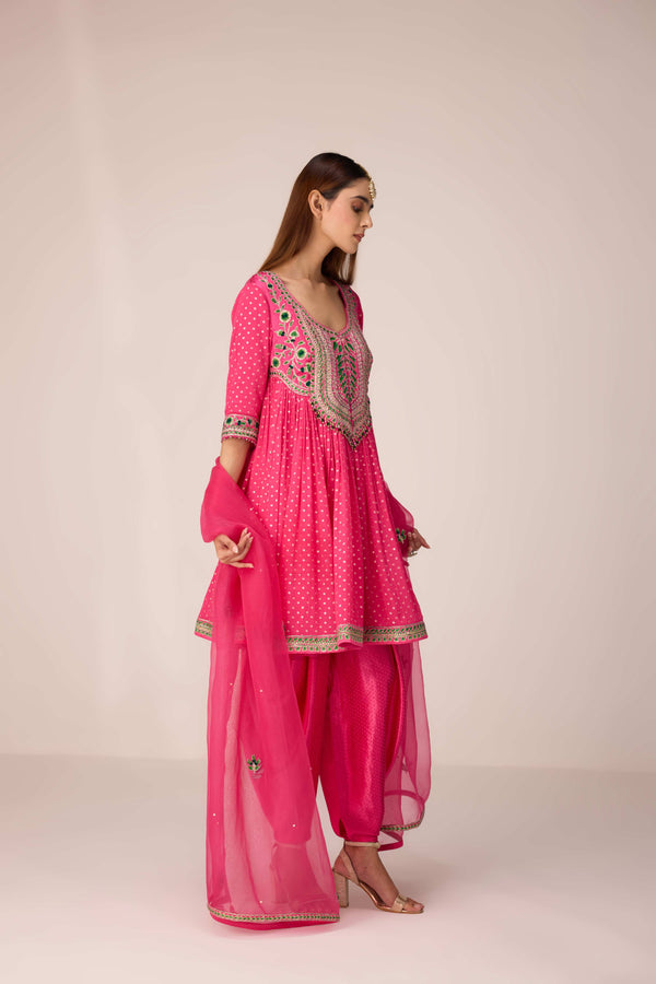 Pink thread embroidered kurta dhoti set