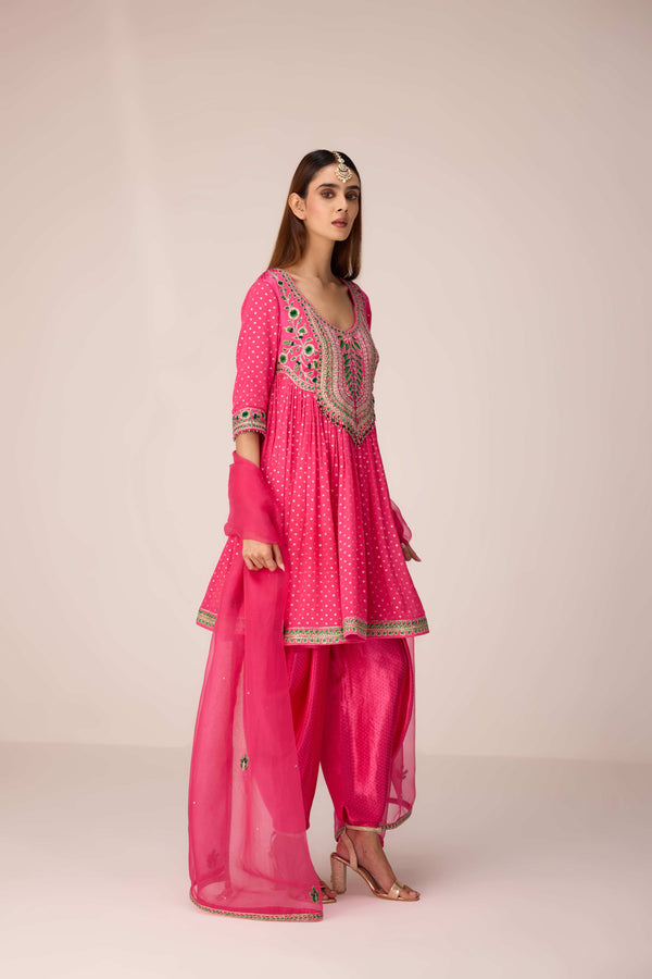 Pink thread embroidered kurta dhoti set