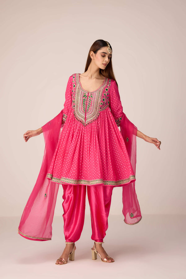 Pink thread embroidered kurta dhoti set