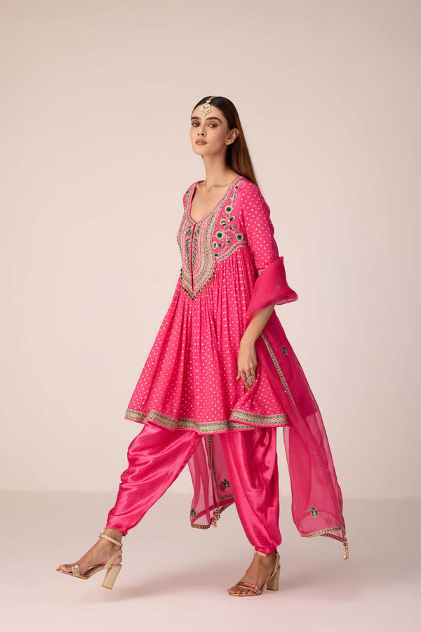 Pink thread embroidered kurta dhoti set