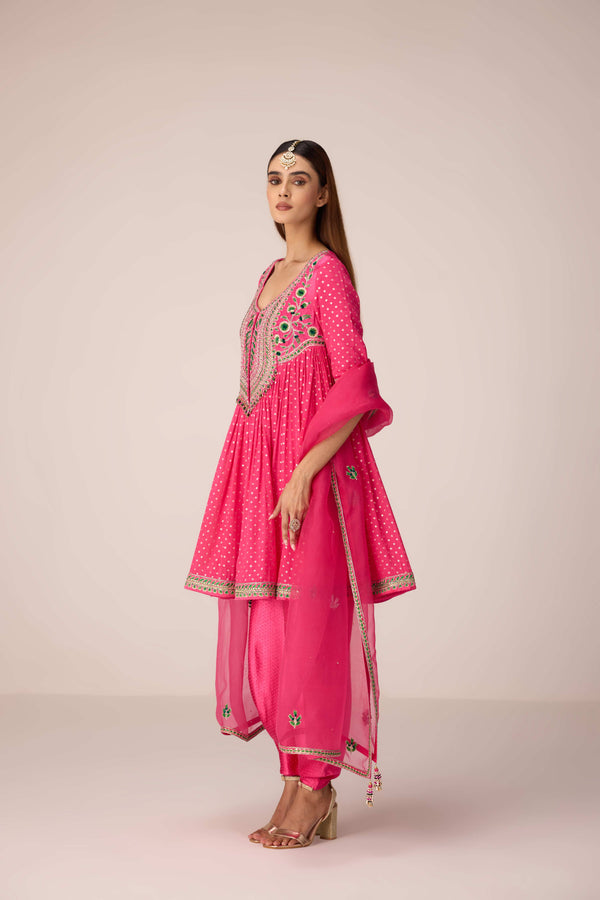 Pink thread embroidered kurta dhoti set
