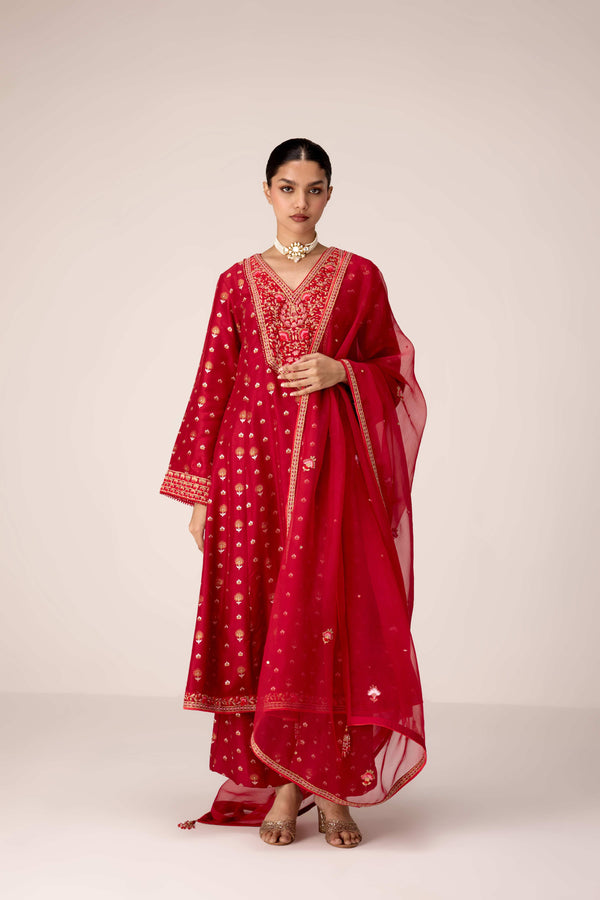 Maroon thread embroidered kurta set