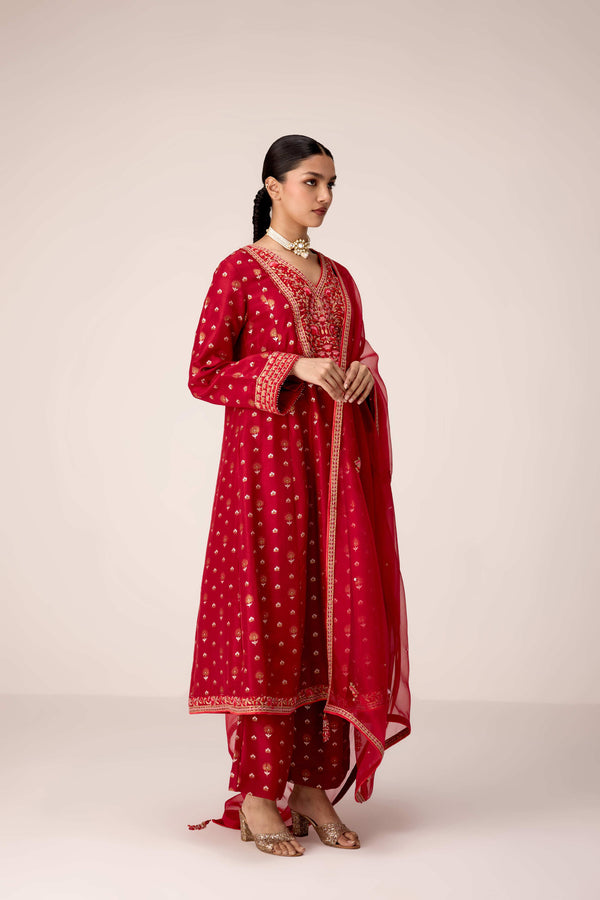 Maroon thread embroidered kurta set