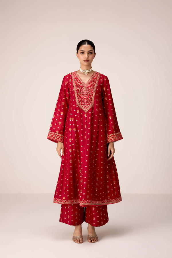 Maroon thread embroidered kurta set