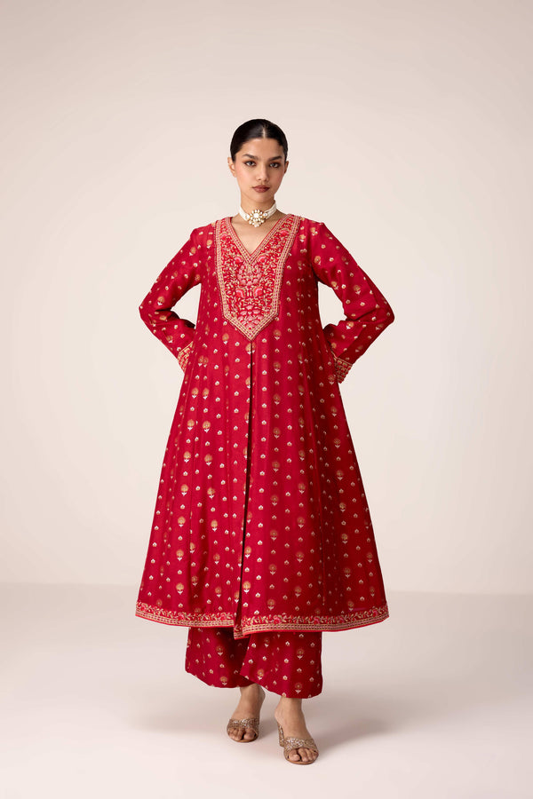 Maroon thread embroidered kurta set