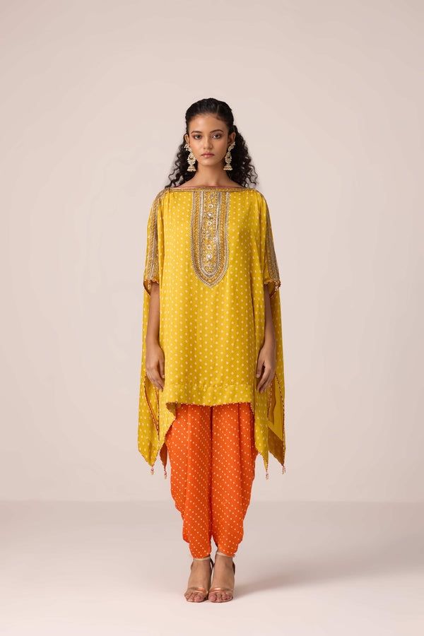 Orange yellow embroidered kaftan dhoti set