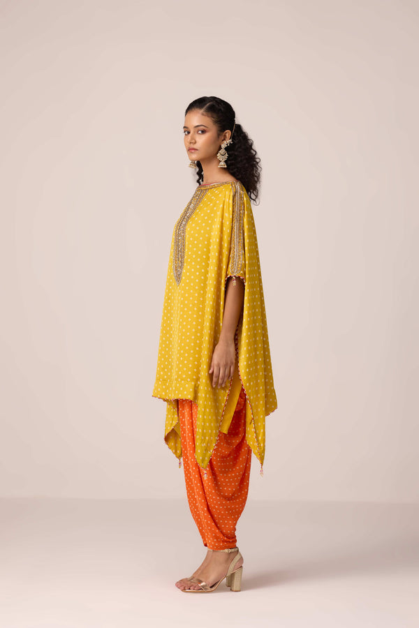 Orange yellow embroidered kaftan dhoti set