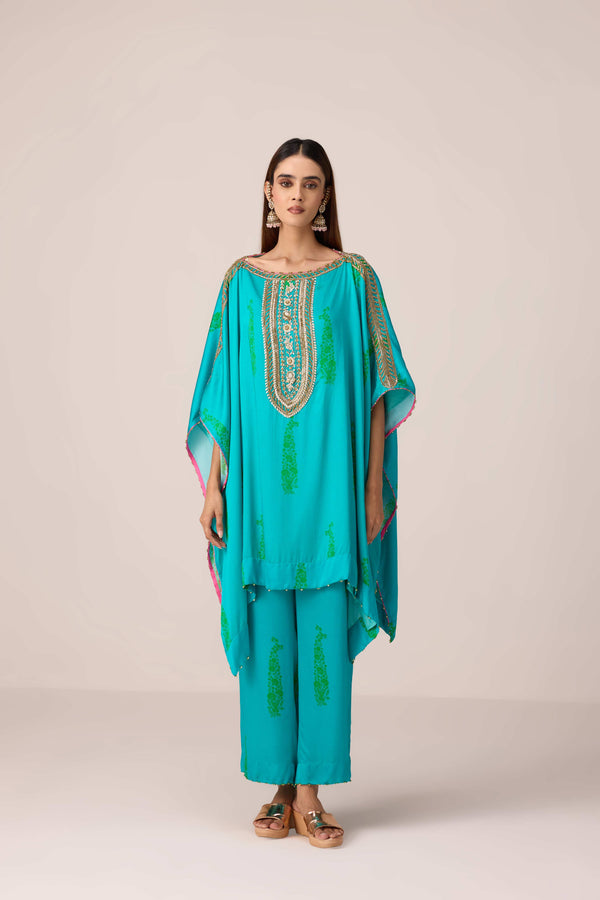 Emerald blue printed and embroidered kaftan set
