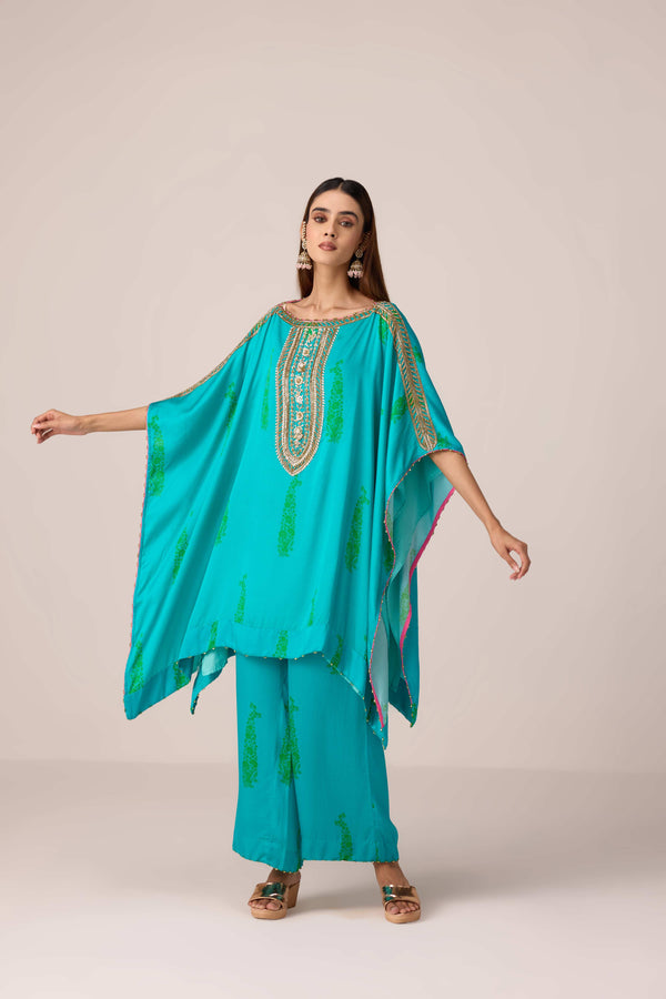 Emerald blue printed and embroidered kaftan set