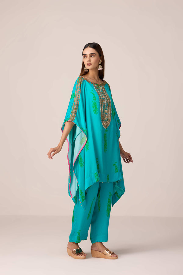 Emerald blue printed and embroidered kaftan set