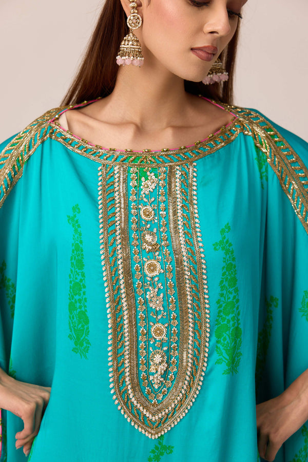 Emerald blue printed and embroidered kaftan set