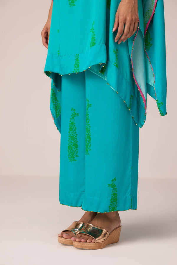 Emerald blue printed and embroidered kaftan set