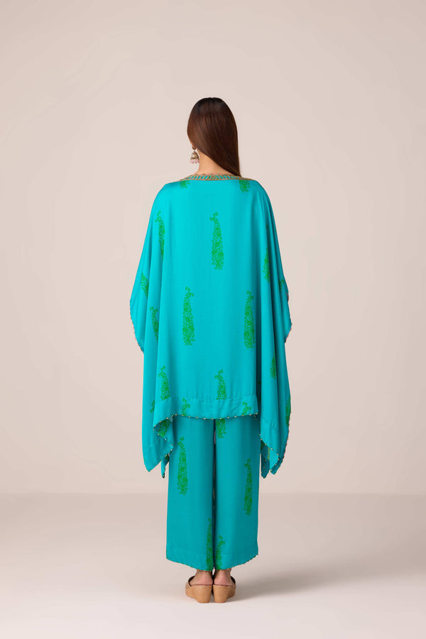 Emerald blue printed and embroidered kaftan set