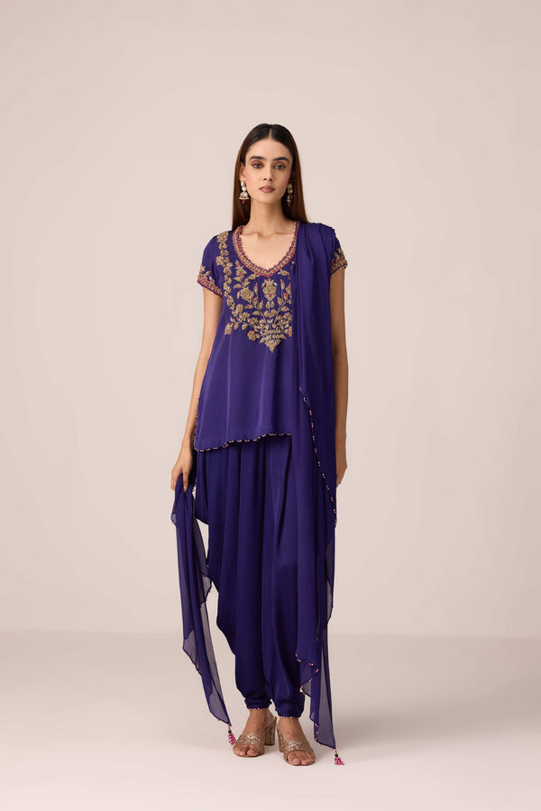 Purple wine zardozi embroidered top dhoti set
