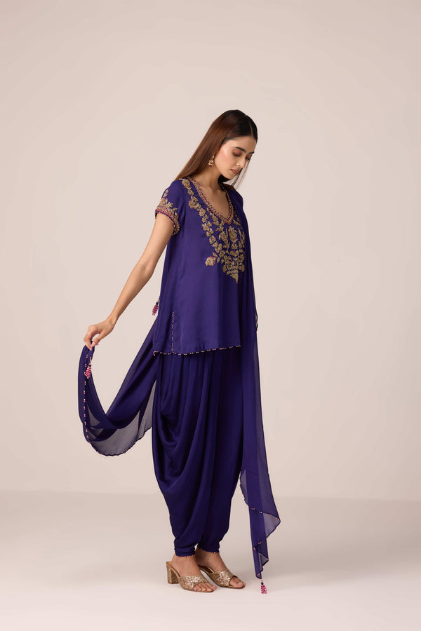 Purple wine zardozi embroidered top dhoti set