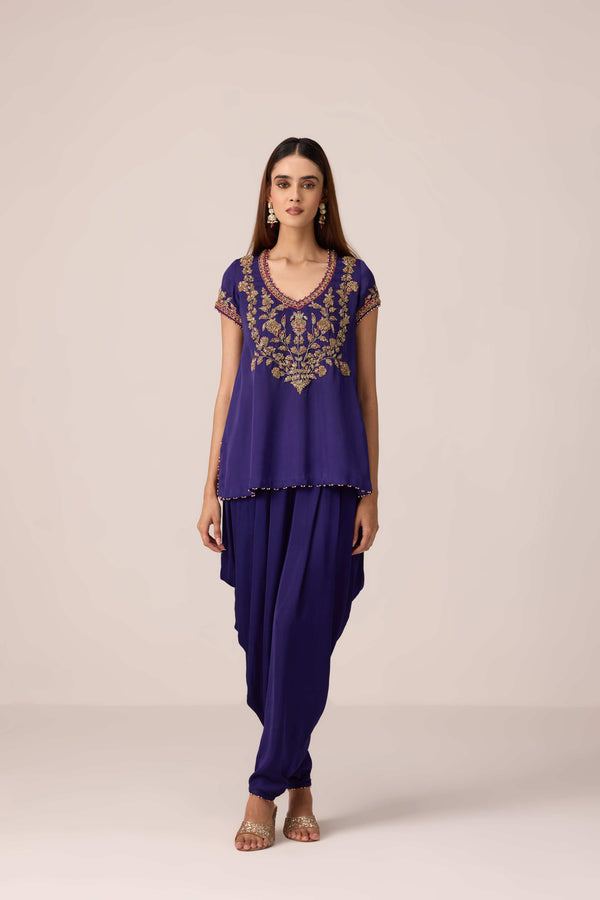 Purple wine zardozi embroidered top dhoti set