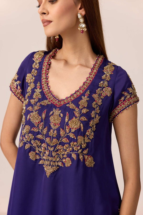 Purple wine zardozi embroidered top dhoti set