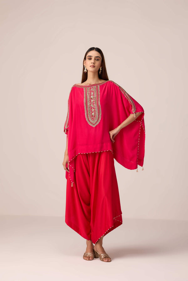 Pink red embroidered kaftan pant set