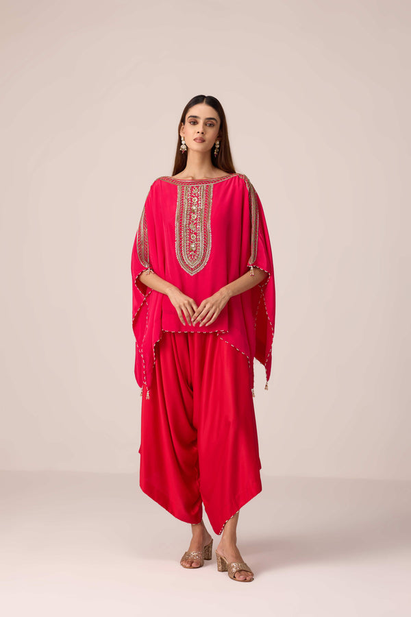 Pink red embroidered kaftan pant set