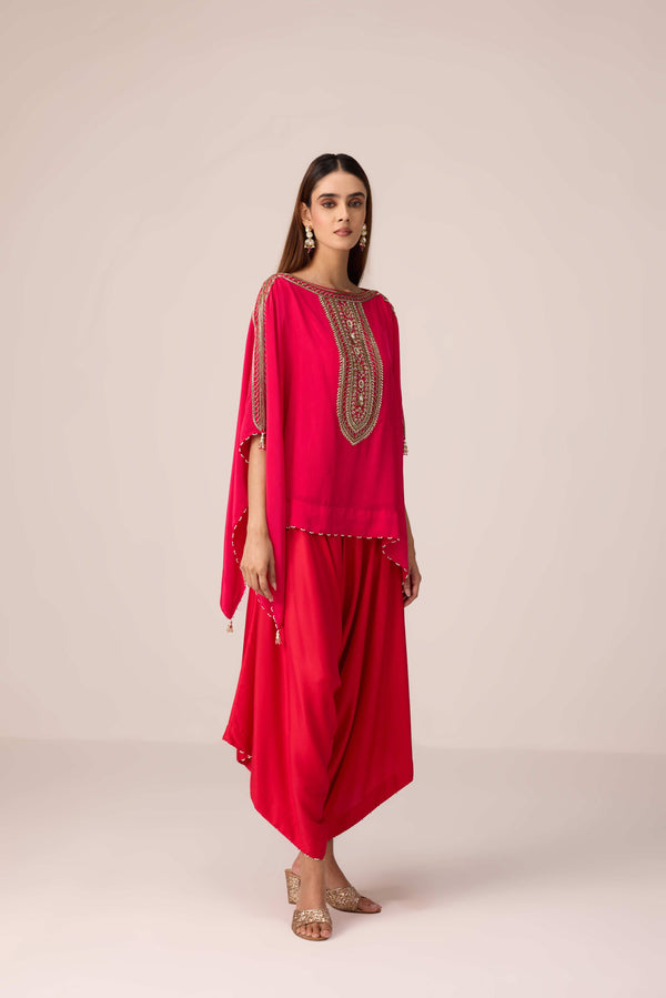 Pink red embroidered kaftan pant set
