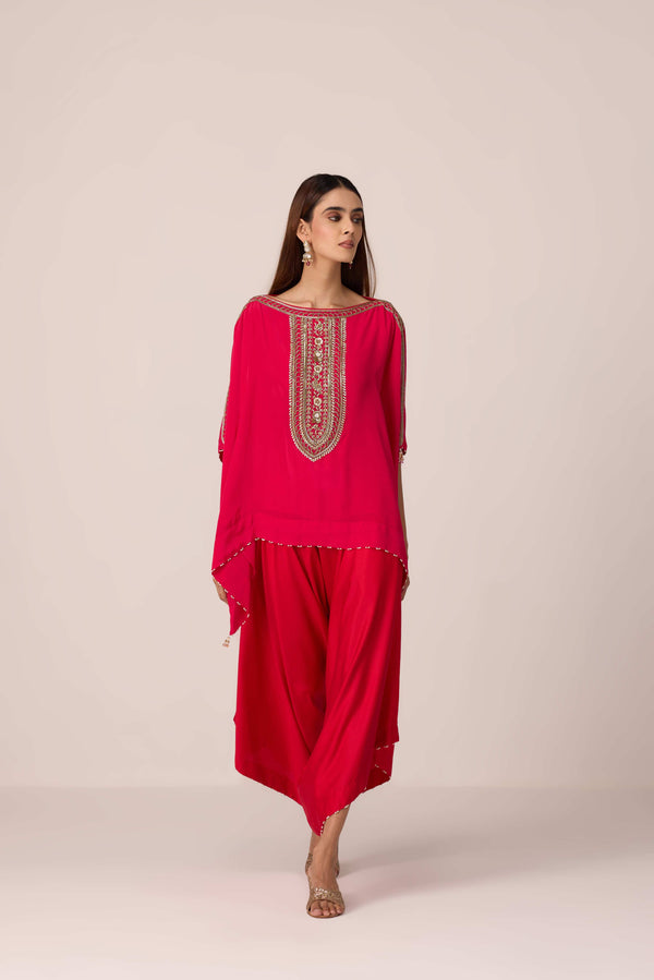 Pink red embroidered kaftan pant set