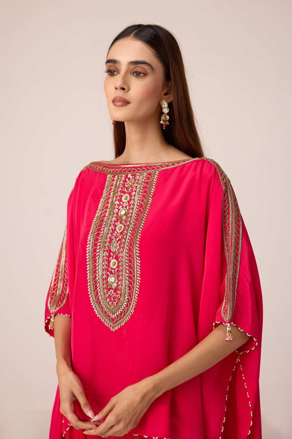 Pink red embroidered kaftan pant set