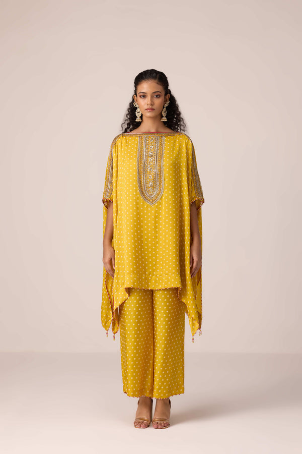 Mustard yellow embroidered kaftan pants set