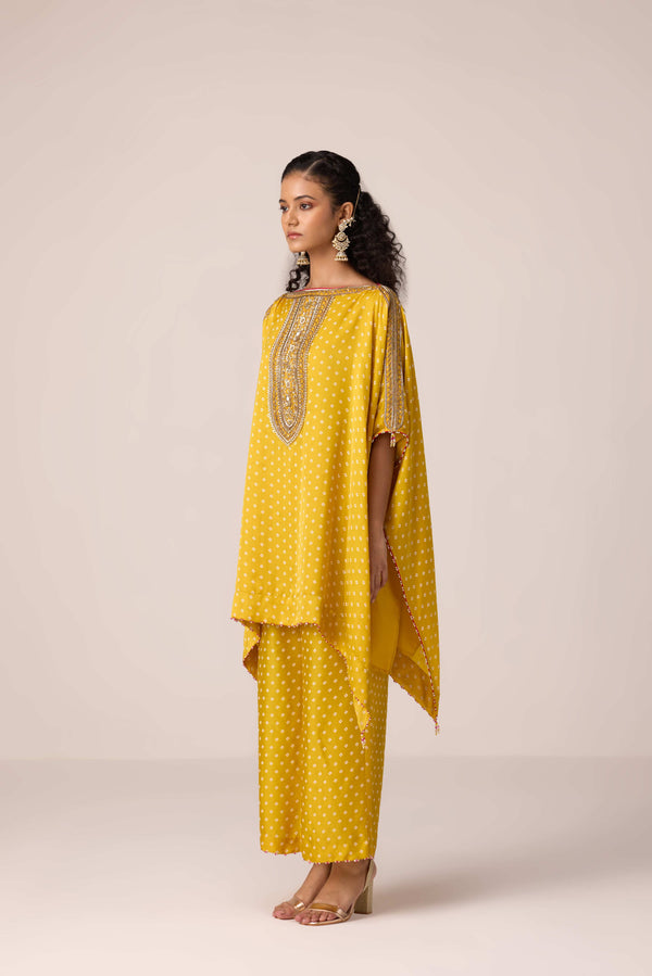 Mustard yellow embroidered kaftan pants set