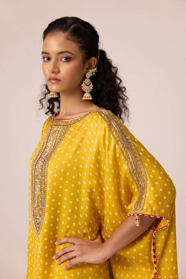 Mustard yellow embroidered kaftan pants set