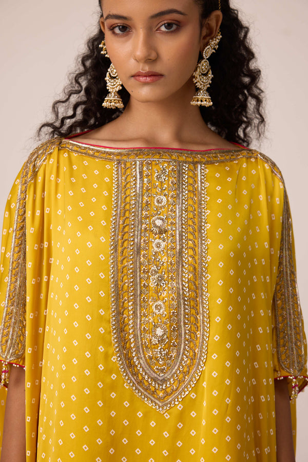 Mustard yellow embroidered kaftan pants set
