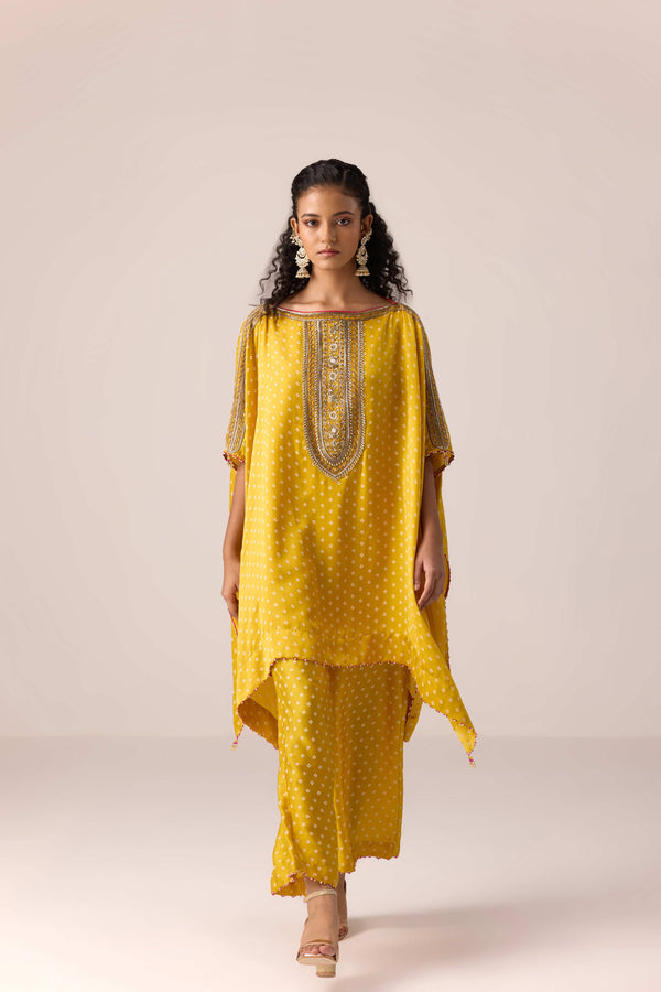 Mustard yellow embroidered kaftan pants set