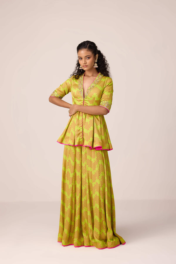 Bright green bandhni printed and embroidered top sharara set