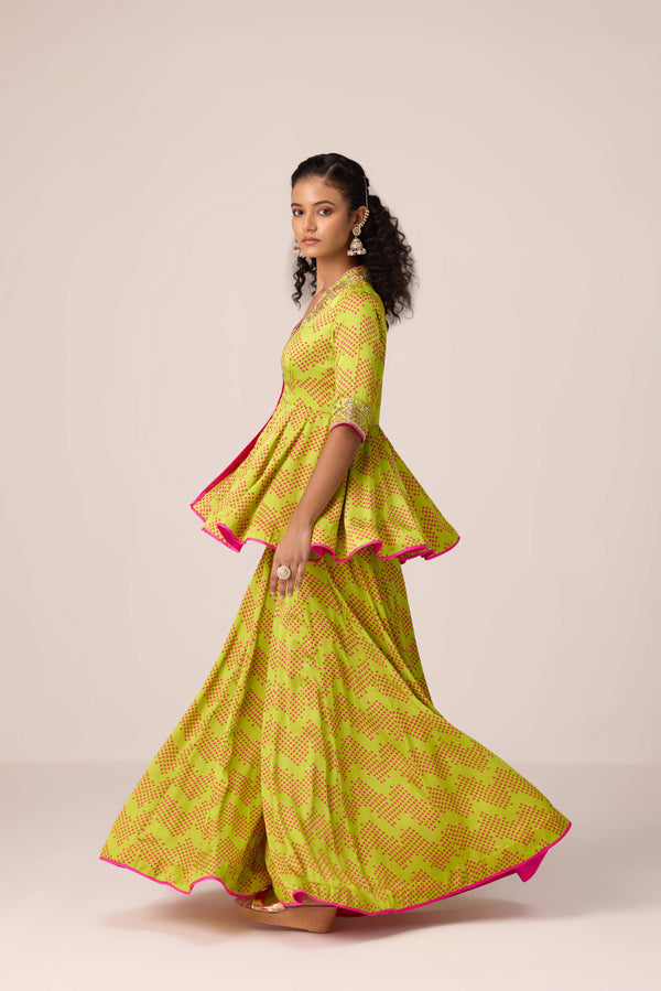 Bright green bandhni printed and embroidered top sharara set