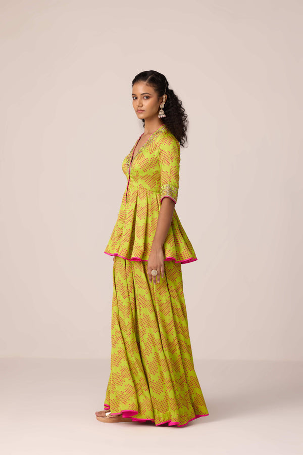 Bright green bandhni printed and embroidered top sharara set